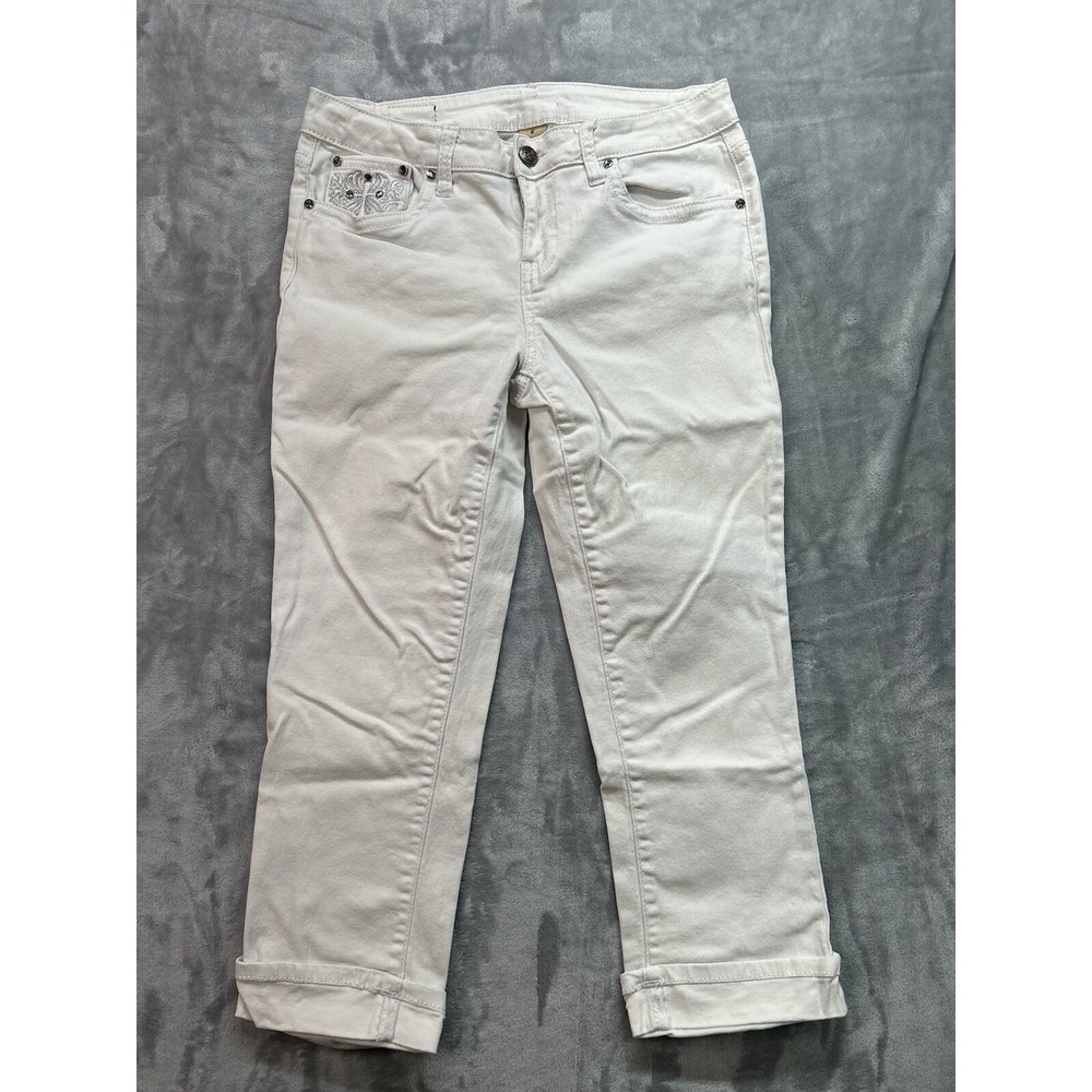 Earl Jeans Womens Sz 6 White Cropped Capris Stretch Denim Jeweled Mid Rise